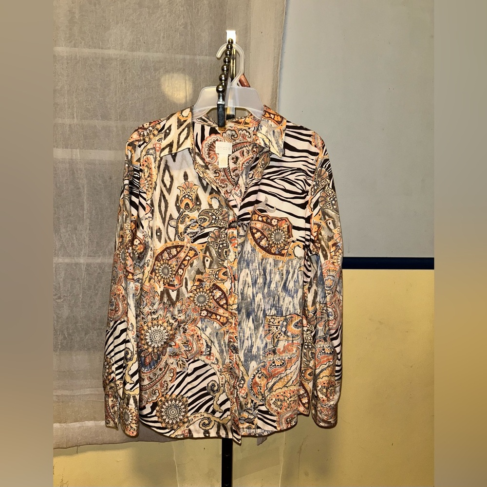 Chicos 2 Large Animal Paisley No Iron Cotton Button Down Long Sleeve Blouse Top
